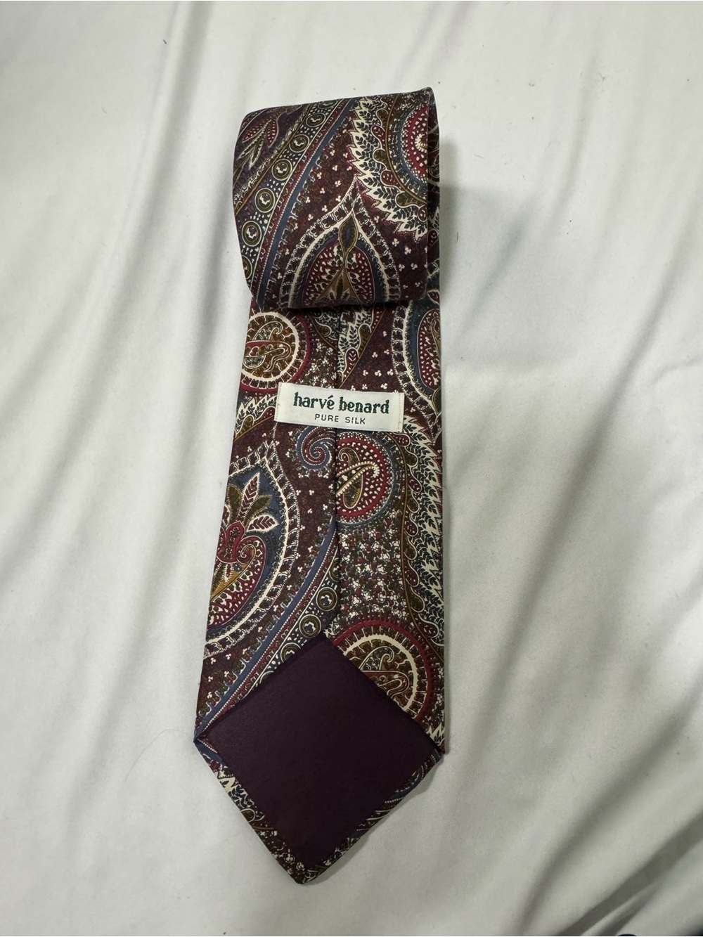 Harvé Benard Burgundy Paisley Silk Tie with Gold and Navy Accents